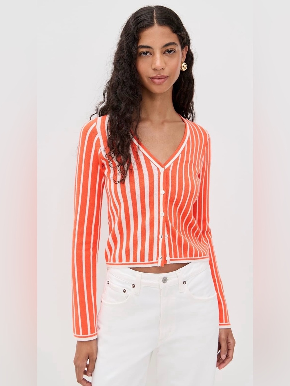 STATE & LAKE Striped V-Neck Button Cardigan - Orange & White, size Medium